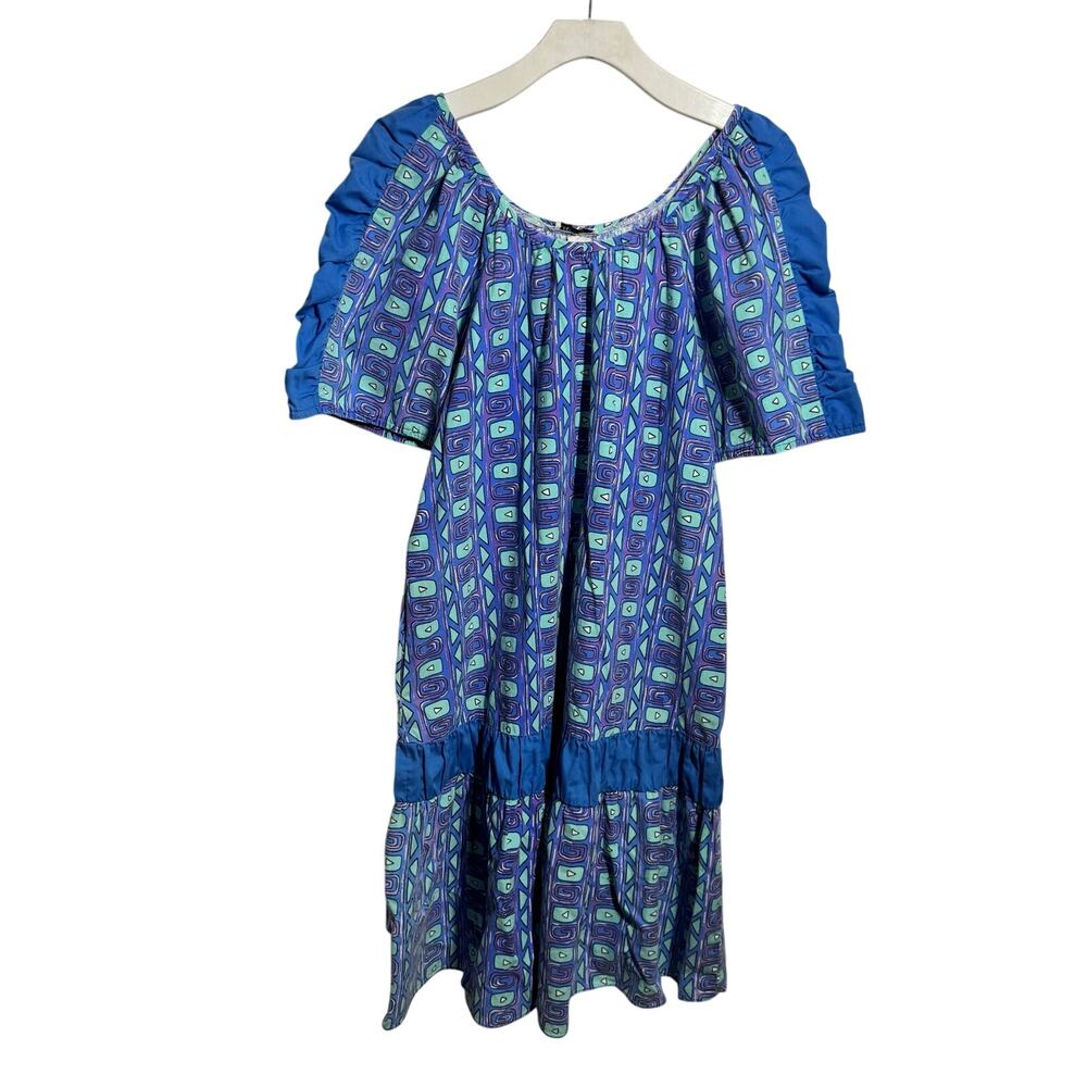 Libertyโ House Puff Sleeve Off Shoulder Midi Dress Women L Blue Abstract Cottage